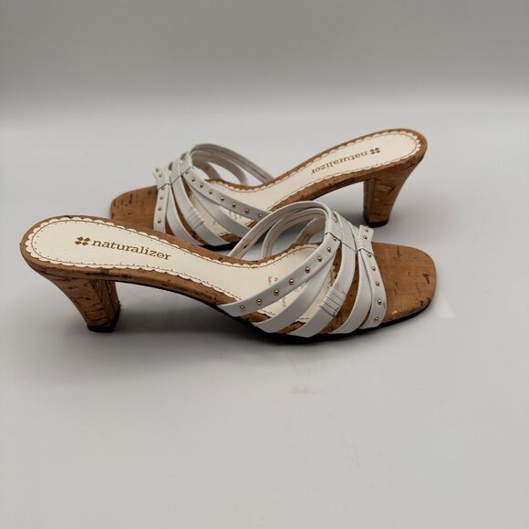 Naturalizer Sana White Strappy Sandal Heels With Cork Sole Studded Detail - Picture 7 of 14